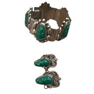 Vintage‎ Sterling Silver Mexico Green Jade Warrior Mask Panel Bracelet Earrings